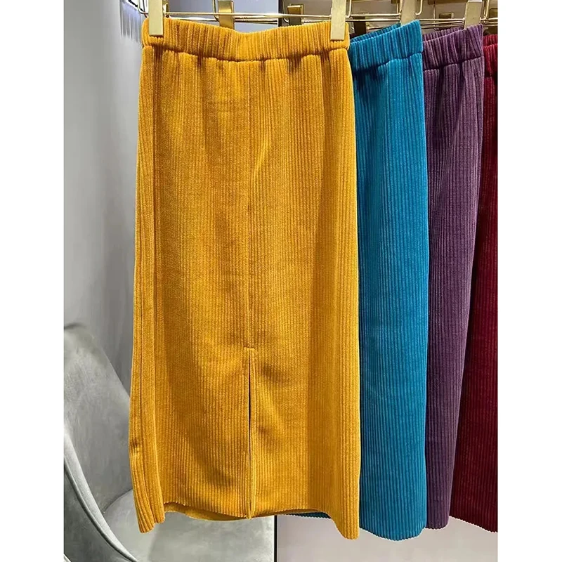 Korean new Early Autumn 2023 New Elegant Retro South korea Dongdaemun Elastic Waist Casual Corduroy Slit Skirt