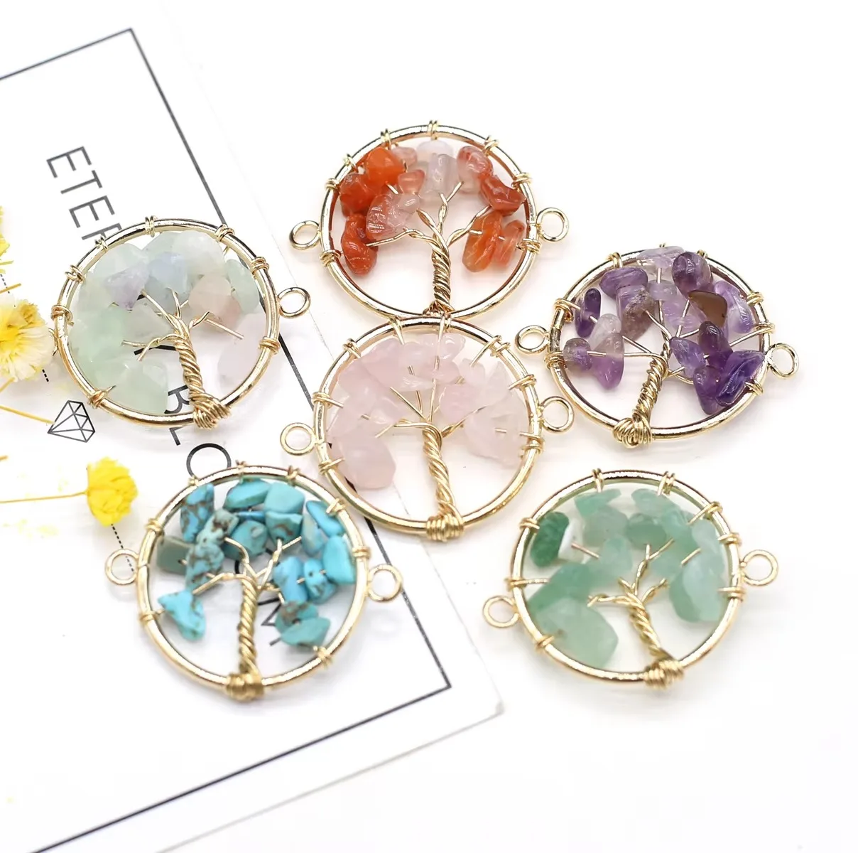 3pc Natural Crystal Chip Stone Pendant Wire Hand Knitting Round Shape Life Tree Charms for Jewelry Making DIY Necklace Bracelet