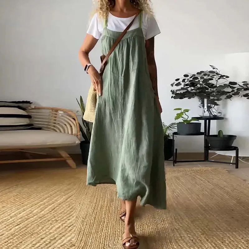 High Fashion Loose Cotton And Linen Dress Summer New Lady Solid Color Casual Sleeveless Elegant Commute Versatile Party Dresses