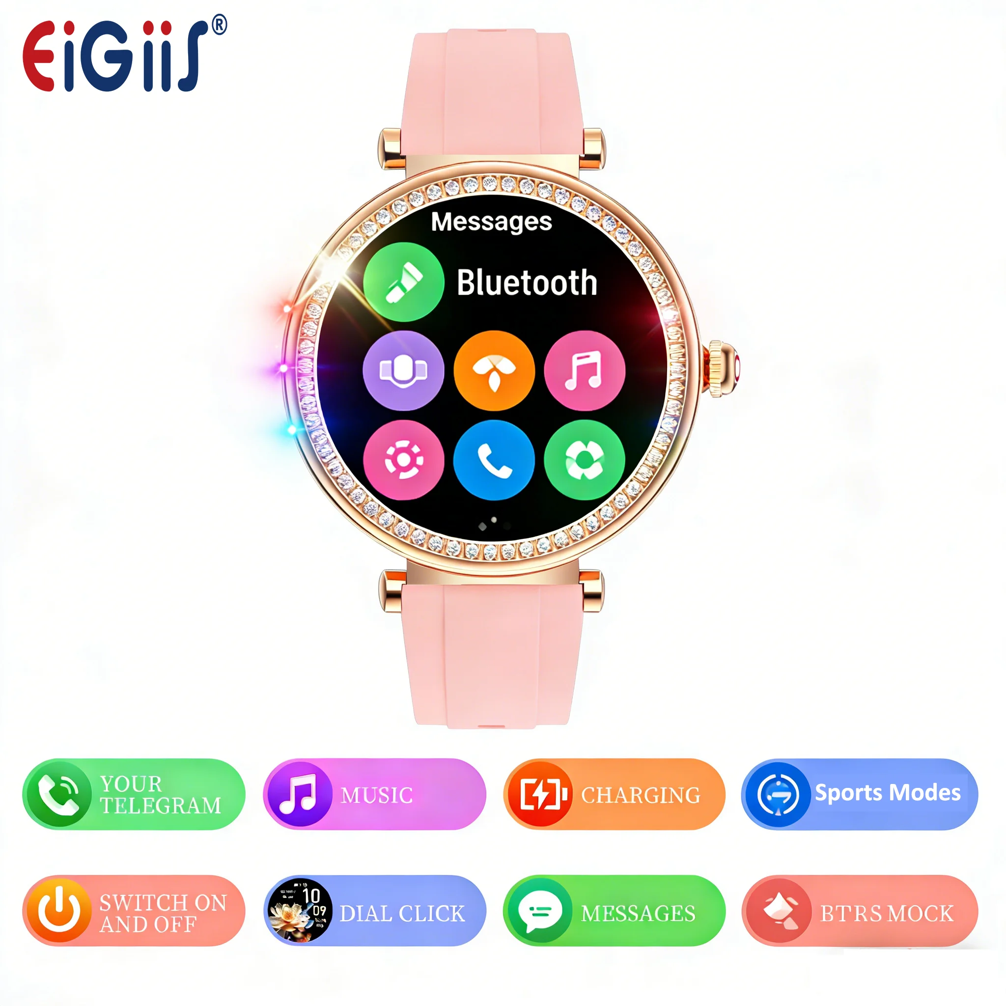 

Женские умные часы EIGIIS с бриллиантами, Bluetooth-вызовами, настраиваемым циферблатом, сенсорным экраном, водонепроницаемостью IP67, фитнес-трекером, модные смарт-часы для женщин