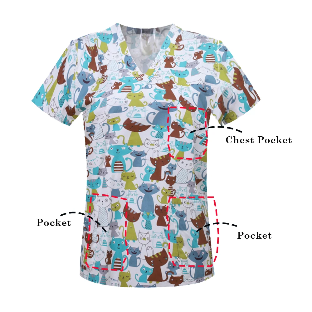 Pet Clinic Hospital Nursing Scrubs Animals Cartoon Print Tops Cotton Women Dentistry Doctor Blouse Surgical Uniforms Shirts Man