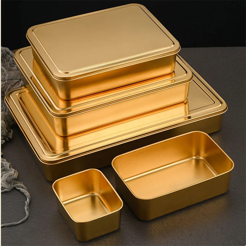 Stainless Steel Golden Flat Storage Tray Rectangular Tiramisu Baking Pan with Lid Kitchen Fruit Bread Deepen Food Plate Bakeware