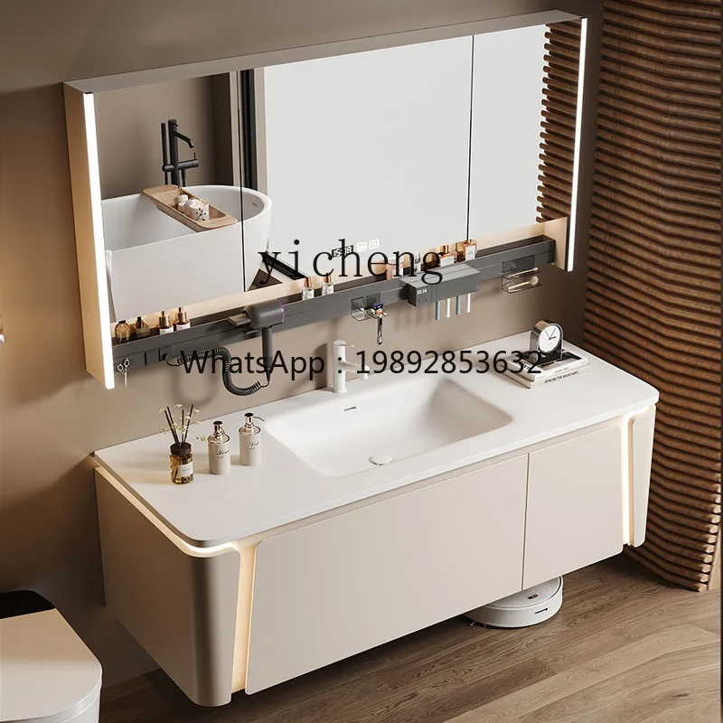 Combinação de armário de banheiro com lavatório integrado em Corian, lavatório moderno de madeira maciça personalizado.