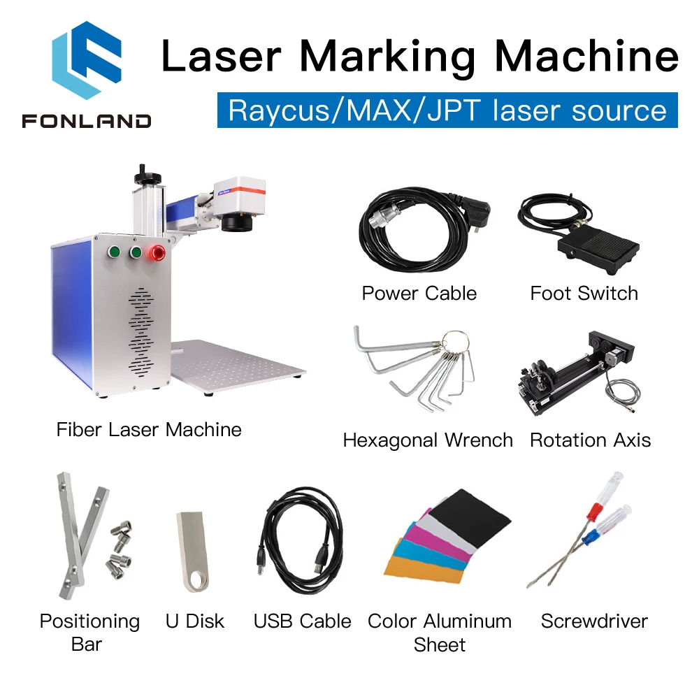 FONLAND 20-50W Macchina per marcatura laser a fibra Raycus MAX IPG 110*110-300*300 Area di lavoro per marcatura fai da te in metallo Acciaio