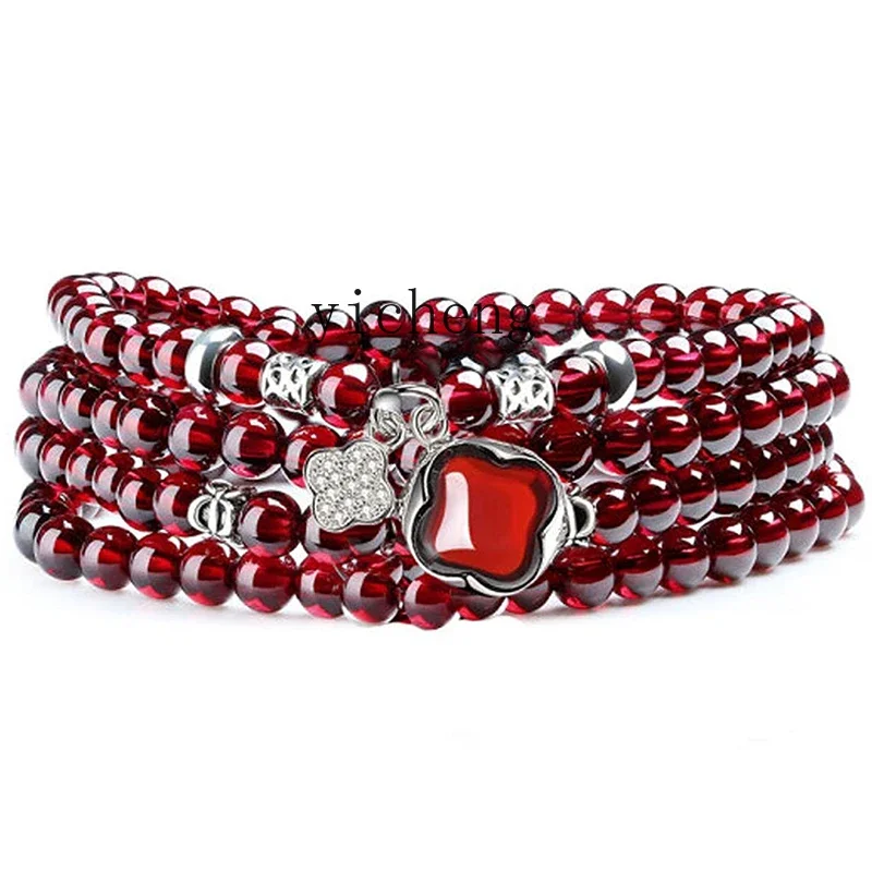 XL Natural Garnet 5mm Bracelet Multi-layer Multi-circle Necklace 925 Silver Jewelry Women