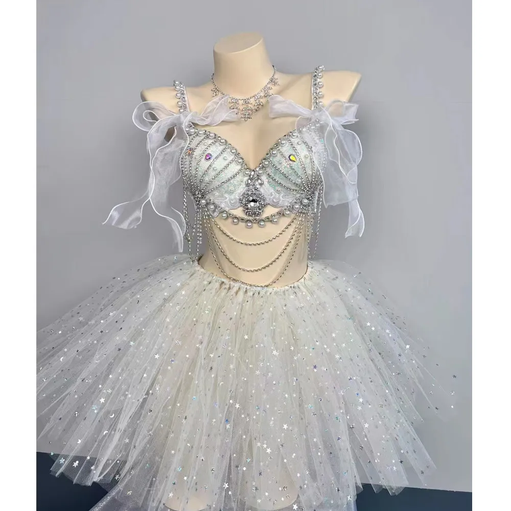 

Fantasy Mermaid Rhinestones Pearl Shell Bikini Top Gauze Tutu Skirt Performance Clothes Music Festival Stage Disco Dance Costume