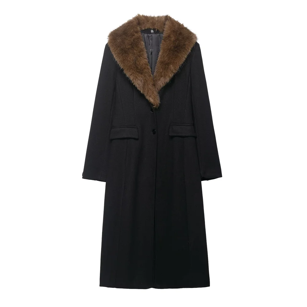 

2026 New Product Women's Fashion Extremely Simple Wind Flip Collar Long Sleeve Artificial Fur Collar Loose Long Coat Coat