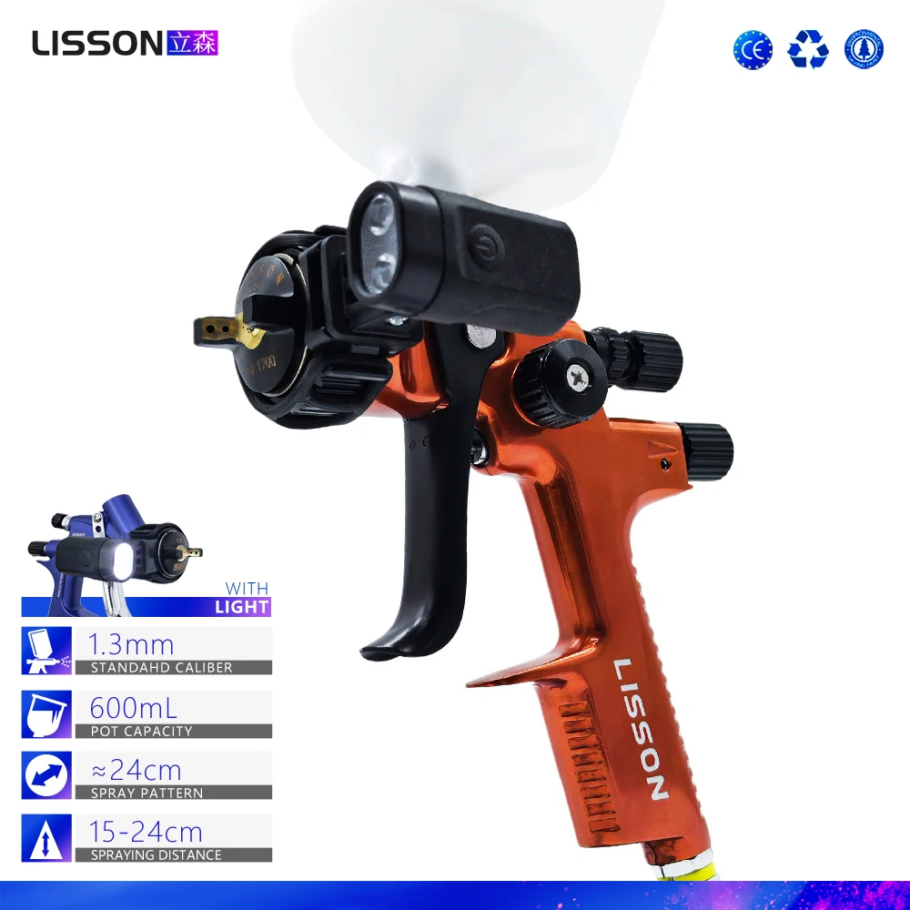 

1.3mm HVLP Pneumatic Spray Gun Glossy Orange Body with LED Light – High-Efficiency for Auto Paint Repair & Furniture Finishing