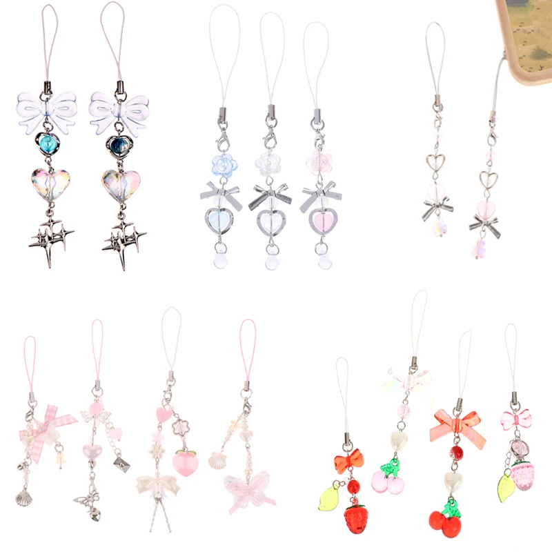 1PC Plastic YK2 Handmade Blue Clear Heart Phone Charm Strap Cute Star Knot Pendant Girl Woman Keychain Lanyard For Mobile Phone