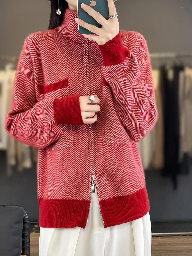 New Fashion Women\'s Jacket Zippers Casual Cardigan Autumn Winter Thick Warm 100% Merino Wool Loose Pocket Cashmere Knitwear Tops