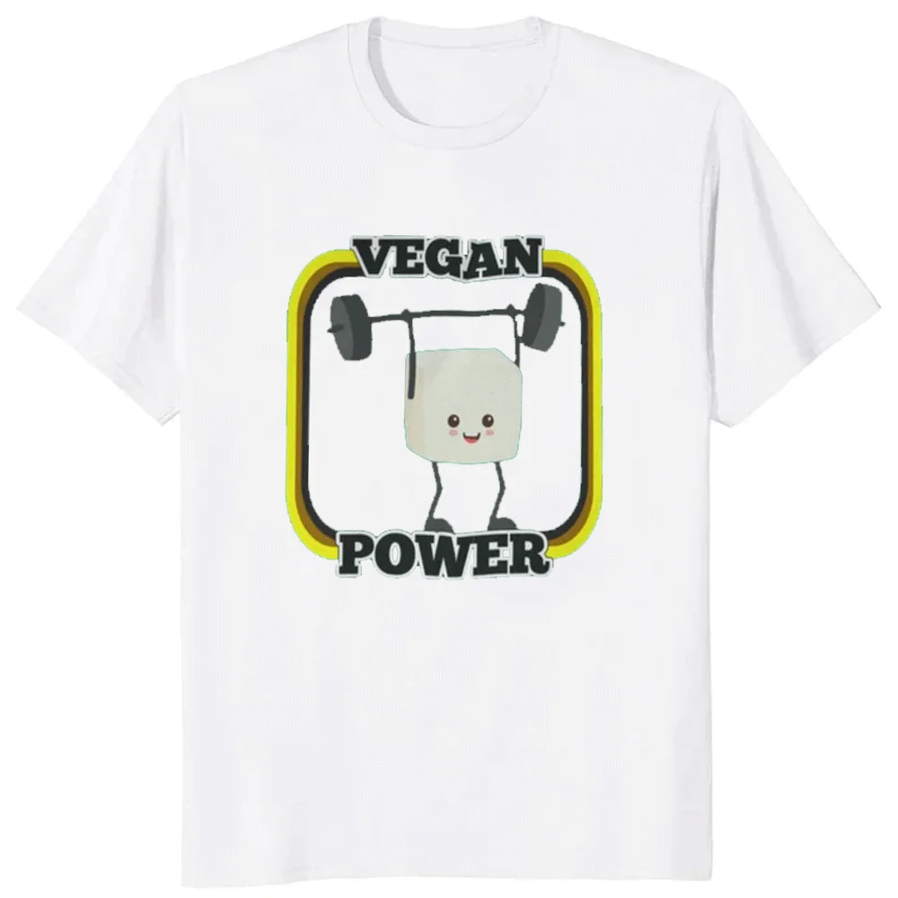 Animal Friendly Vegan Cotton T-Shirt Men Women Tofu Vegan Power Lifting 100% Organic Eco-Friendly Slogan Tee Sustainable Gift