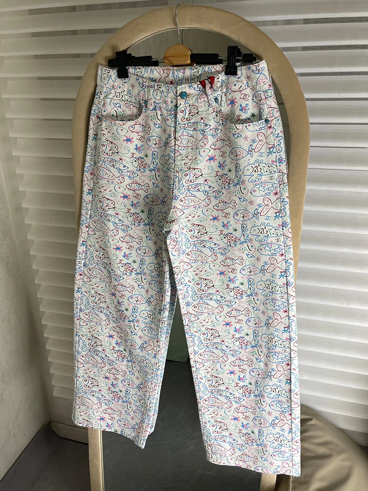 

Fun Fish Hand-drawn Graffiti Print Loose Casual Straight Leg Jeans Unisex Spring Autumn Trendy Wide Leg Pants Cotton Denim