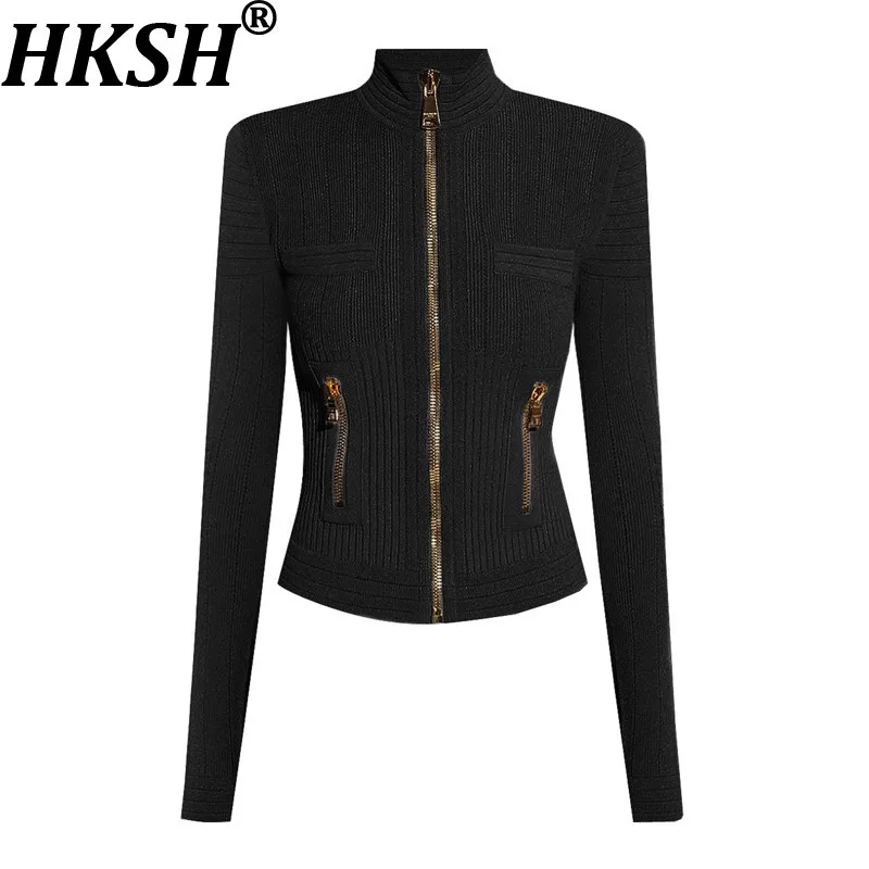 

HKSH Autumn Winter New Women Sweater Stand Collar Long Sleeve Zipper Solid Color Elegant Casual Knitted Cardigan Ins Top HK16122