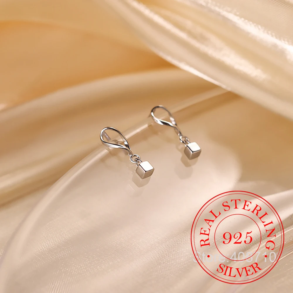 Real Money 925 Sterling Silver Simple Square Stud Earrings for Women Wedding Party Jewelry Gift Pendientes Mujer Moda