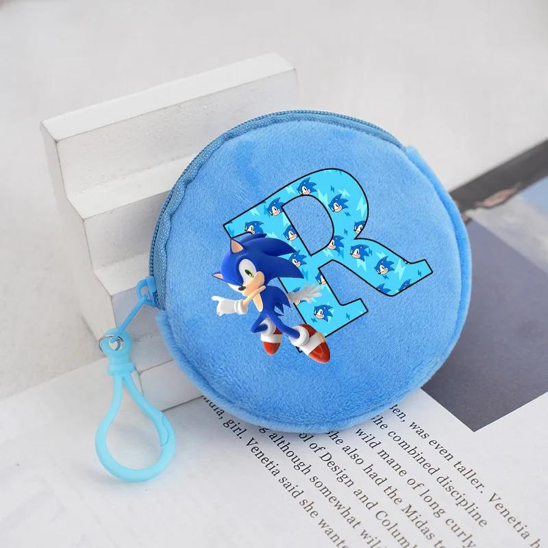 Sonics Plush Coin Zipper Purses Cute Anime Cartoon Printing A-Z Letters Storage Bags Round Mini Wallet Keychain Pouch Kids Gifts