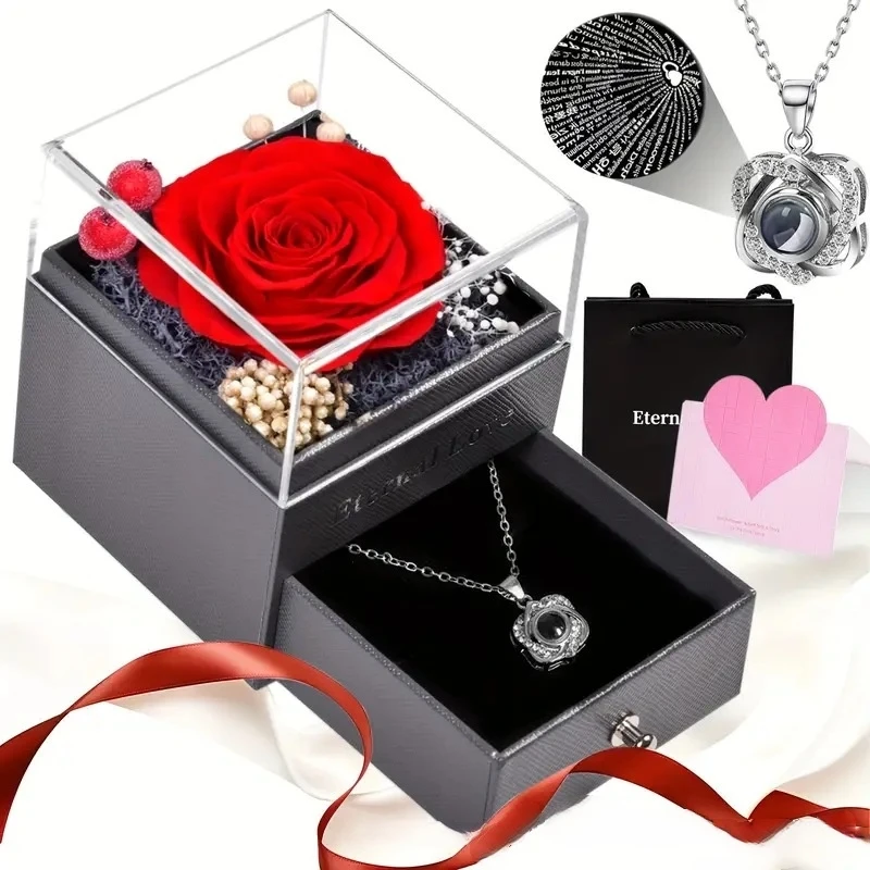 Preserved Real Rose Flower Jewelry Box - Mother's Day Valentine's Gift for Women, Elegant Ring Necklace Drawer Storage Box