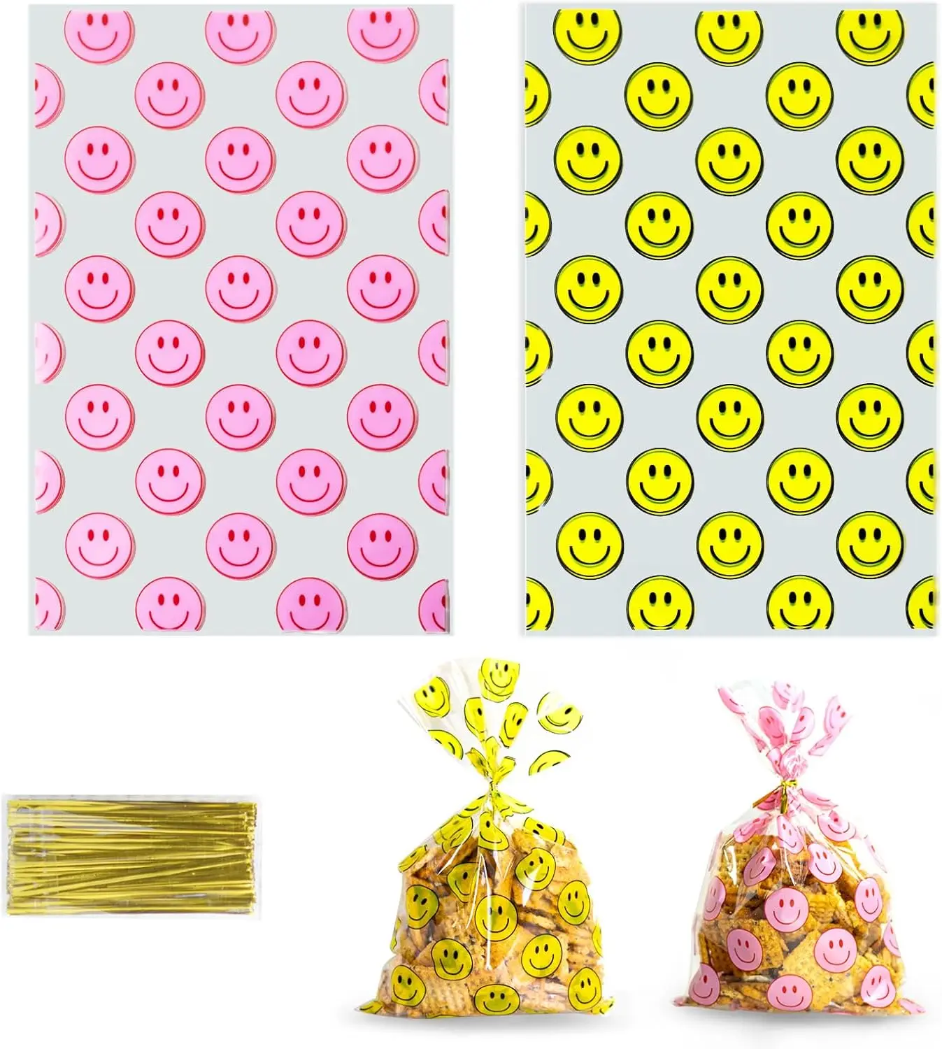 

100 Pack Clear Goodie Bags with Happy Face Print and Twist Ties for Party Favors, Candy, Snacks, Gifts, and Events