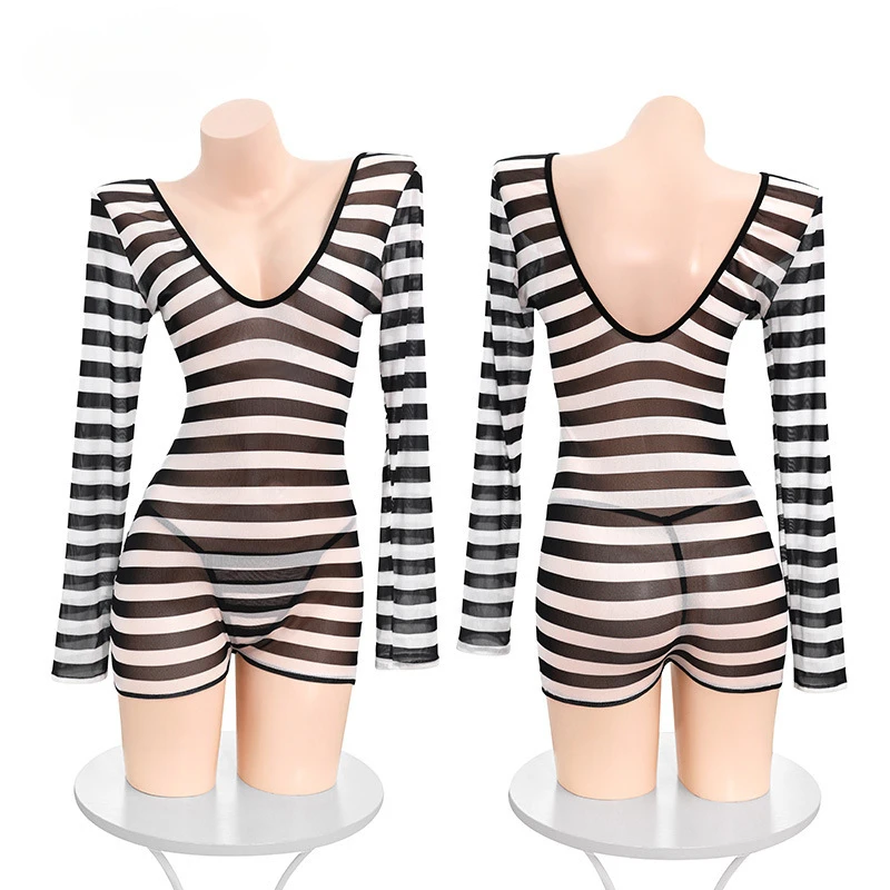 Uniforme de prisionero para mujer, disfraces de Cosplay, lencería Sexy para mujer, mono a rayas blancas y negras, pijama secreto, traje transparente