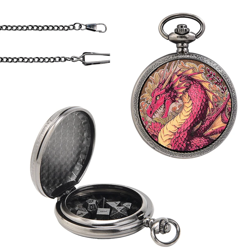 

Red Dragon Dice Case Dinosaur Pocket Watch DND Dice RPG Dice Watch box Dice Pocket Watch Metal Dice Case For D&D games Player