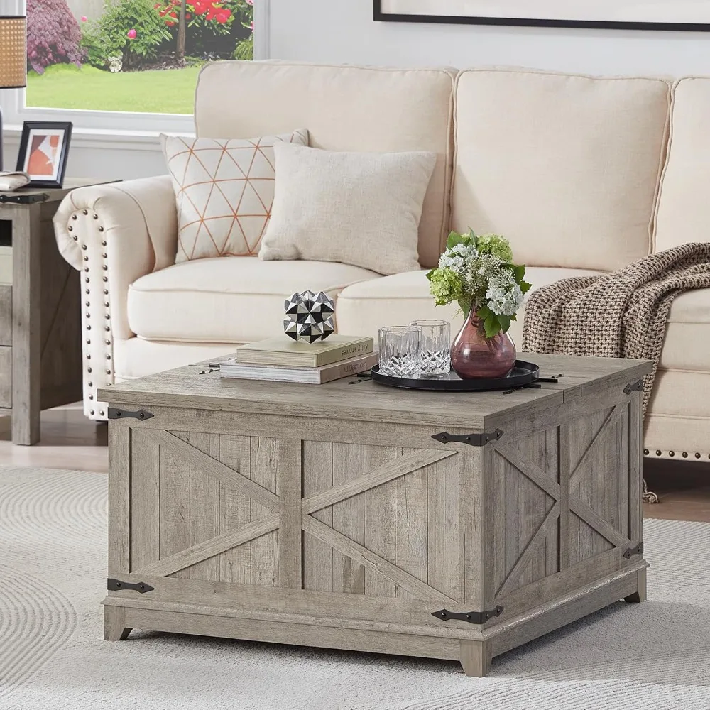

Coffee Table with Hidden Storage Organizer, Square Table, Wood Farm House Light Oak Living Room Tables with Hinged Lift Top