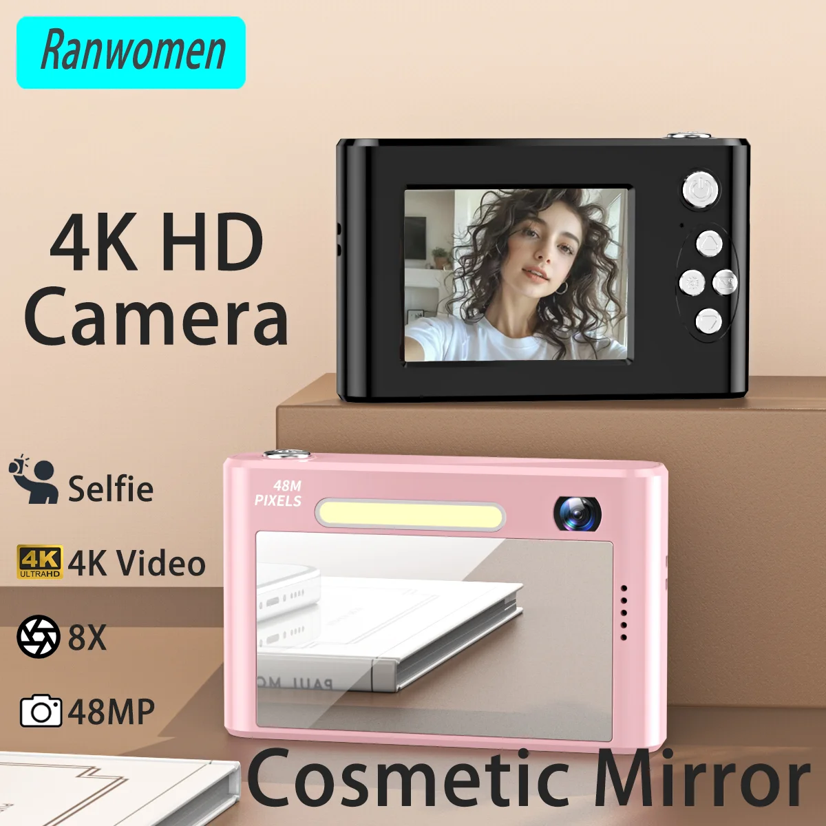 4K HD 디지털 카메라, 자동 초점 사진 메이크업 미러, 휴대용 어린이 초보자 셀카 브이로그 카메라, 2.4 인치 스크린, 48MP