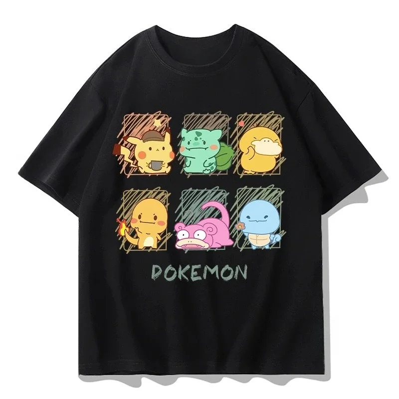 2026 Summer Pokemon Cute Starters Group Print T-Shirt, 100% Cotton Loose Oversized Couple & Family Tee for Travel Game & Sports