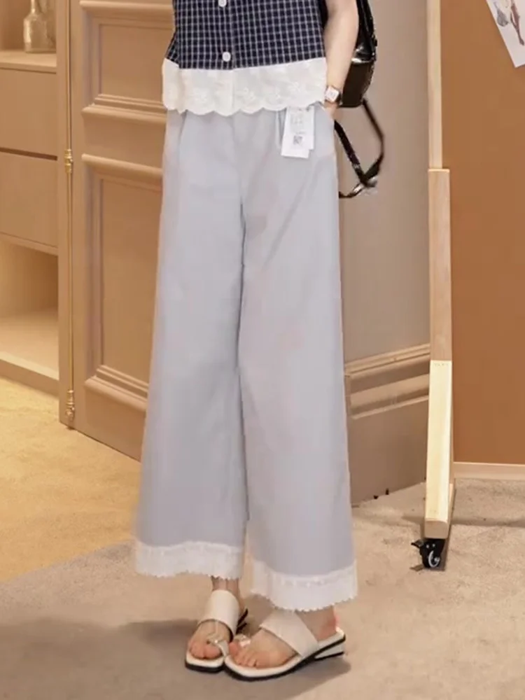 

Повседневные брюки с высокой талией для похудения Ouxiaoqi, женские модные брюки в корейском стиле с кружевным дизайном, широкие длинные брюки цвета морской соли