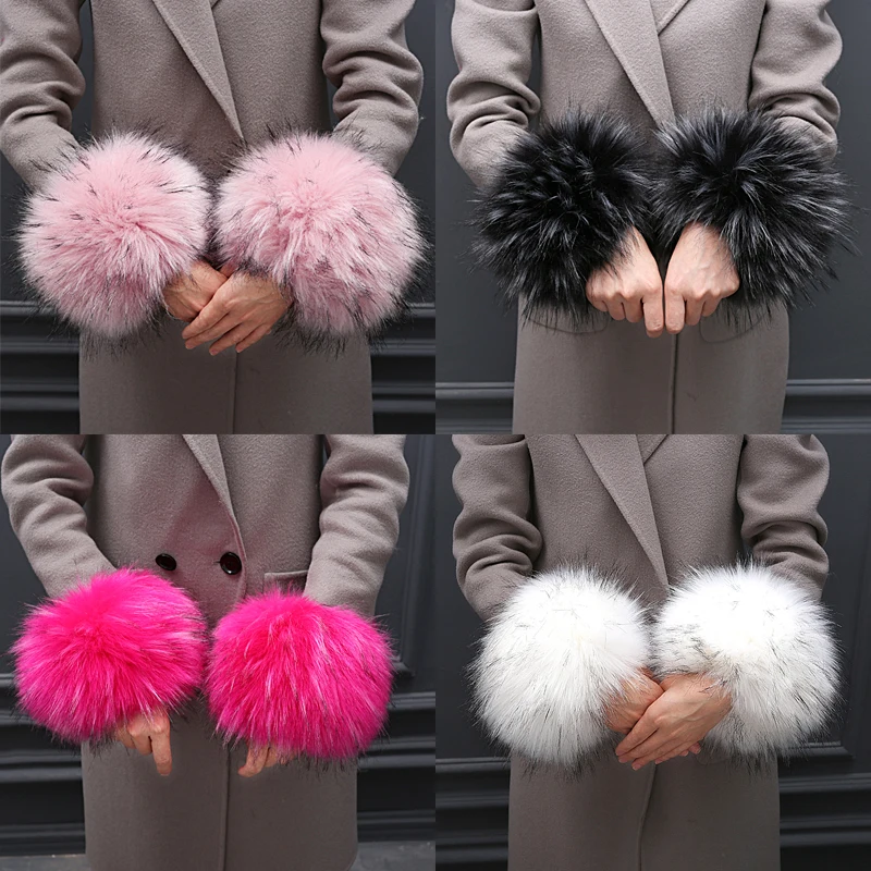 Women Plush Bracelet Warm Wristband Arms Faux Fox Fur Cuff Oversleeve Winter Elegant Luxury Windproof