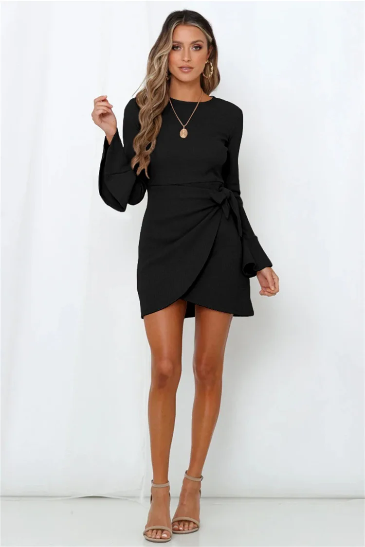 

Women New European and American Fashion Mini Dress Small Trumpet Peplum Long-Sleeved Slim Bow Temperament Senior Dress