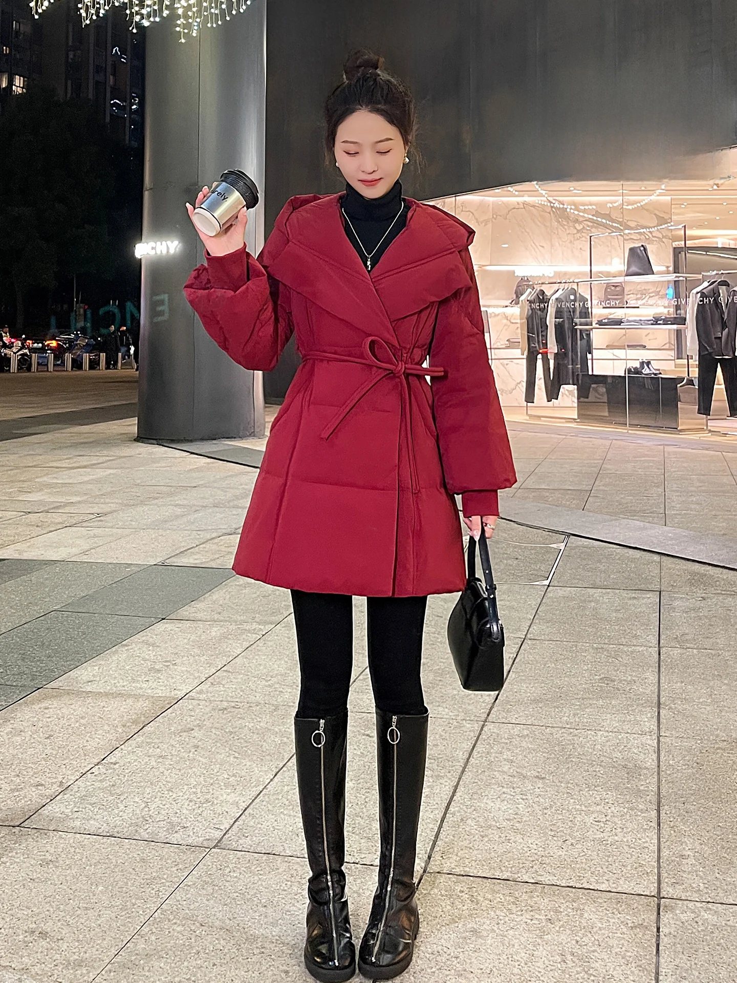 

Red Mid-Length down Jaet with Hood Thiened White Du Feather Women's Winter Coat Warm Sli Casual Sle Belted Waist