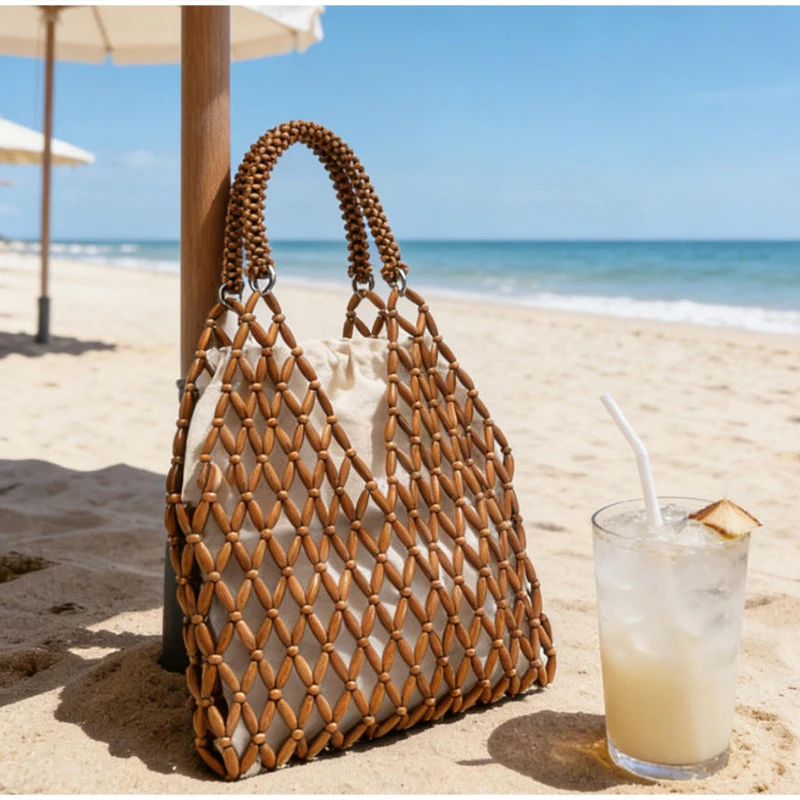 Ahornholz-Perlen-Handtasche, Damen Große Kapazität Hohle Strand-Urlaubstasche, Sommerliche Lässige Schicke Handgewebte Tragetasche – Detail 23