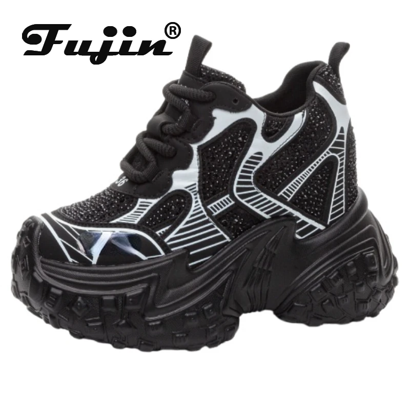 

Fujin 12cm Synthetic Air Mesh Genuine Leather Vulcanize Chunky Sneakers Summer Autumn Leisure Spring Bling Women Platform Wedge