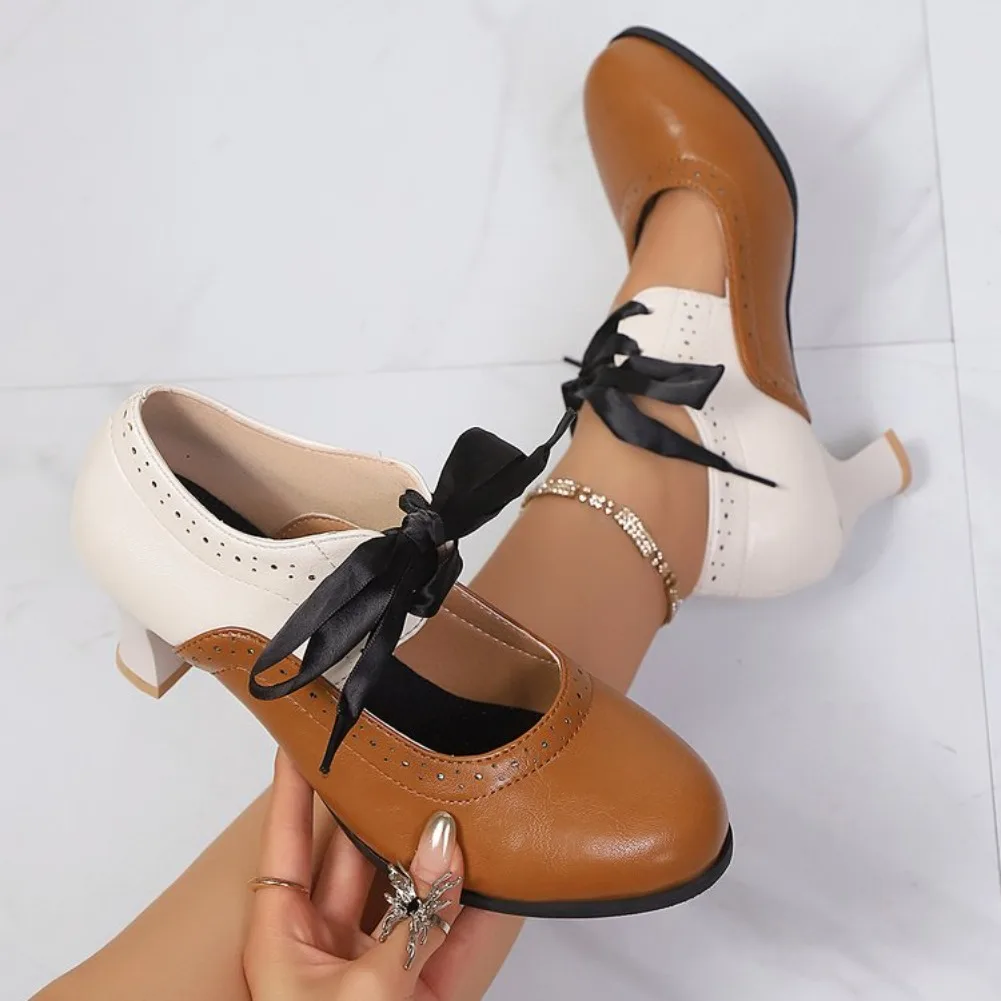 Modische Farbblock-Schnürschuhe für Damen mit hohem Absatz, Lolita-Stil, 2026 Neu, runde Zehenpartie, quadratischer Absatz, lässige Damen-Halbschuhe – Detail 16
