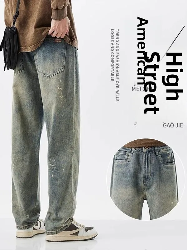 

Retro American Style Men's Jeans Loose Straight Leg Washed Fashion Urban Casual mid Waist Long Pants Thickened Winter Jeans