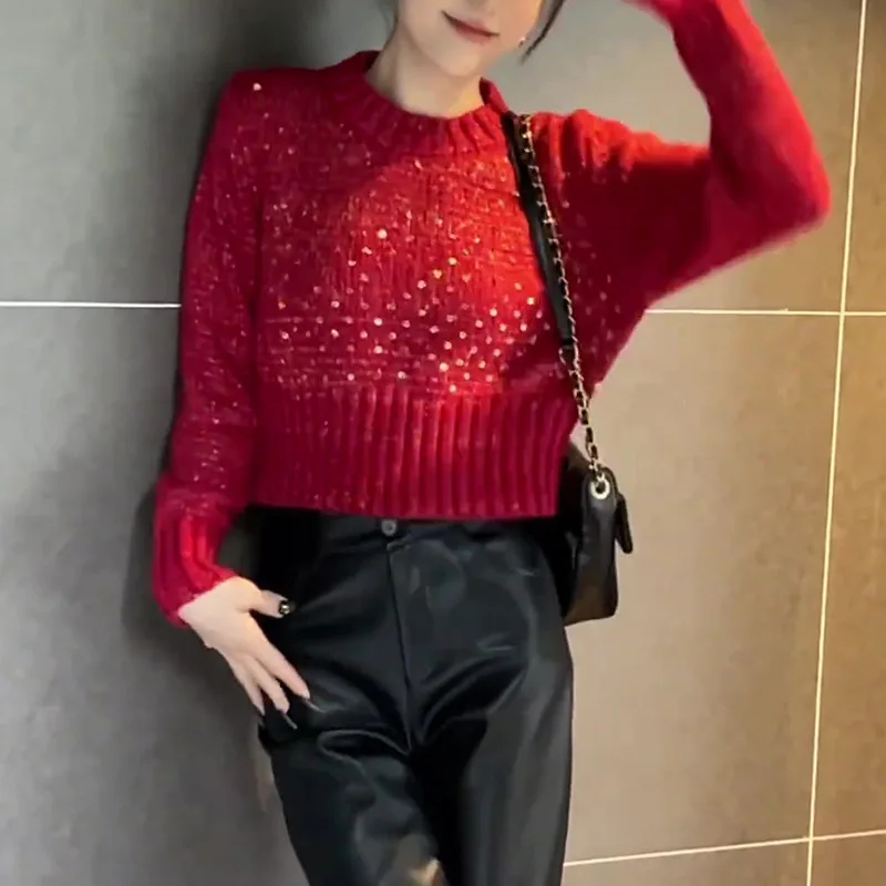 New Korean Round Neck Short Pullover Sequin Knit Sweater with a Lazy and Stylish Design Colorful Yarn Fashion Sweater