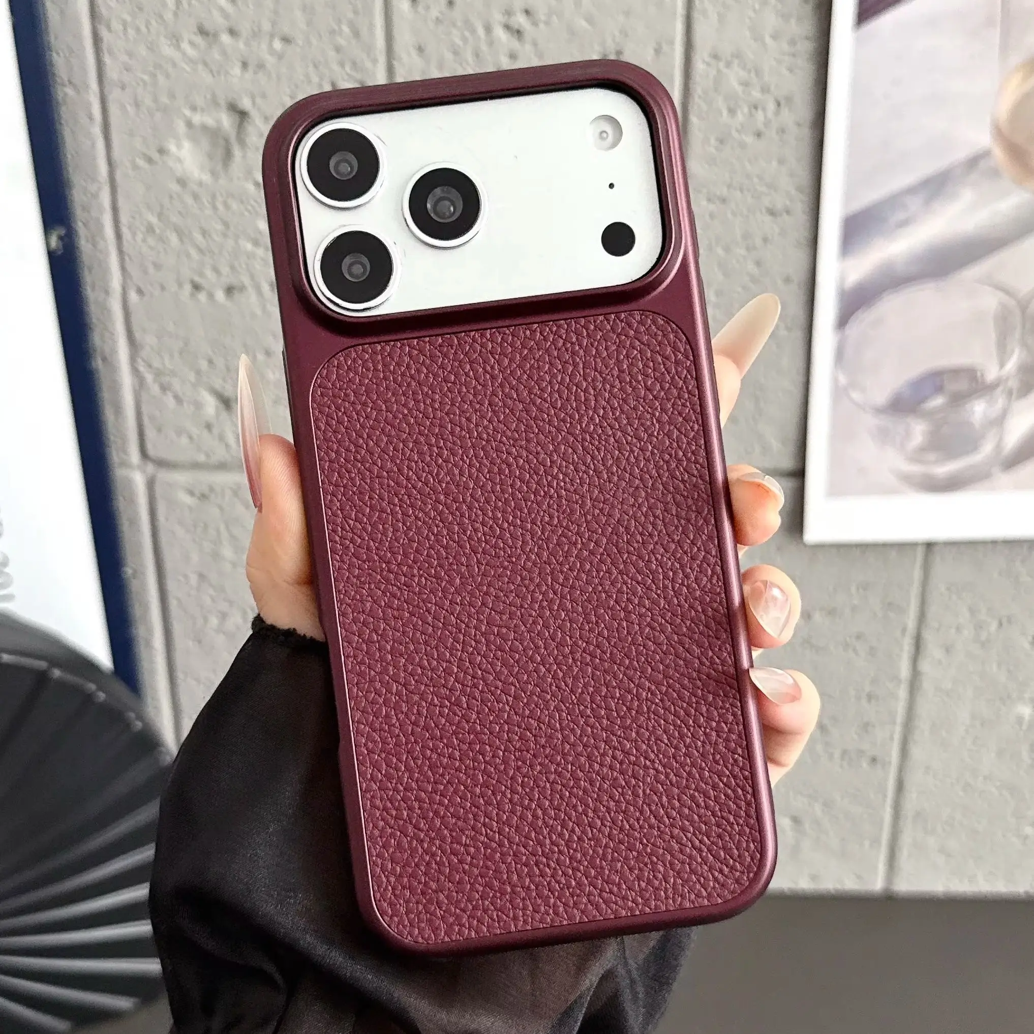 Metal Paint Lychee Leather Pattern Case For iPhone 18 17 16 15 14 13 Pro Max Plating Side Shockproof Protective Business Cover