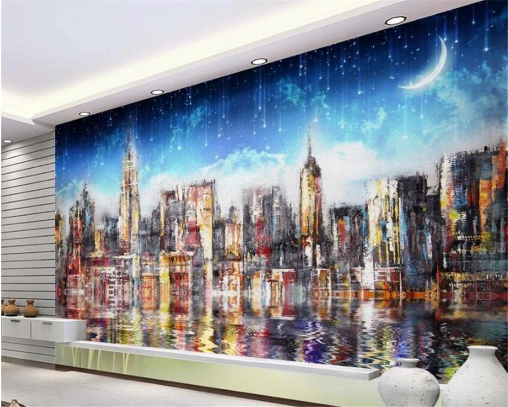 Papel de parede personalizado murais 3d visão noturna cidade céu estrelado pintura a óleo pintura decorativa arquitetura antigo castelo 3d papel de parede