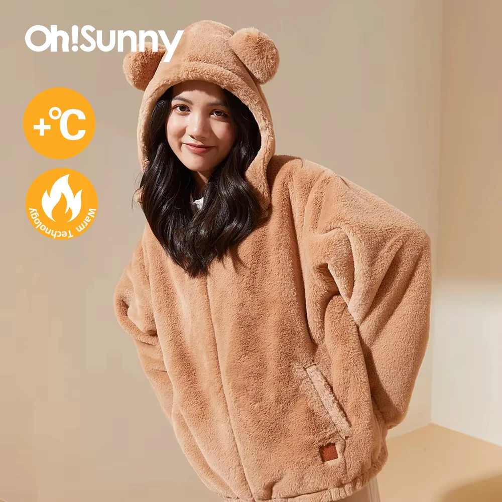 Ohsunny Adult Women Girls Winter Hoodie Jacket New Fashion Soft Cute Bear Ear Plush Coat  Loose Keep Warm Fur Hooded Gifts