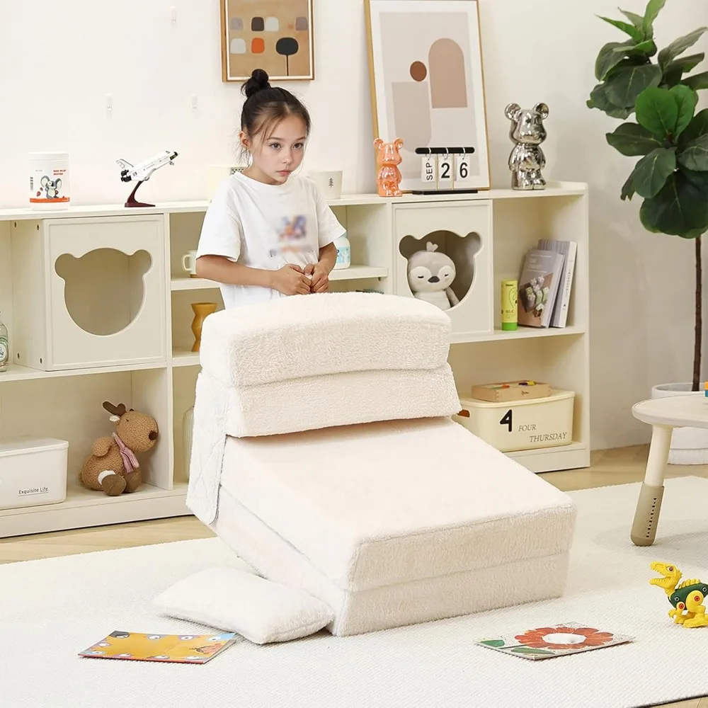 أريكة سرير للأطفال قابلة للتحويل مع مرتبة رباعية الطي، وسادة، أريكة قطيفة، تخزين محمول، كرسي للاسترخاء المريح