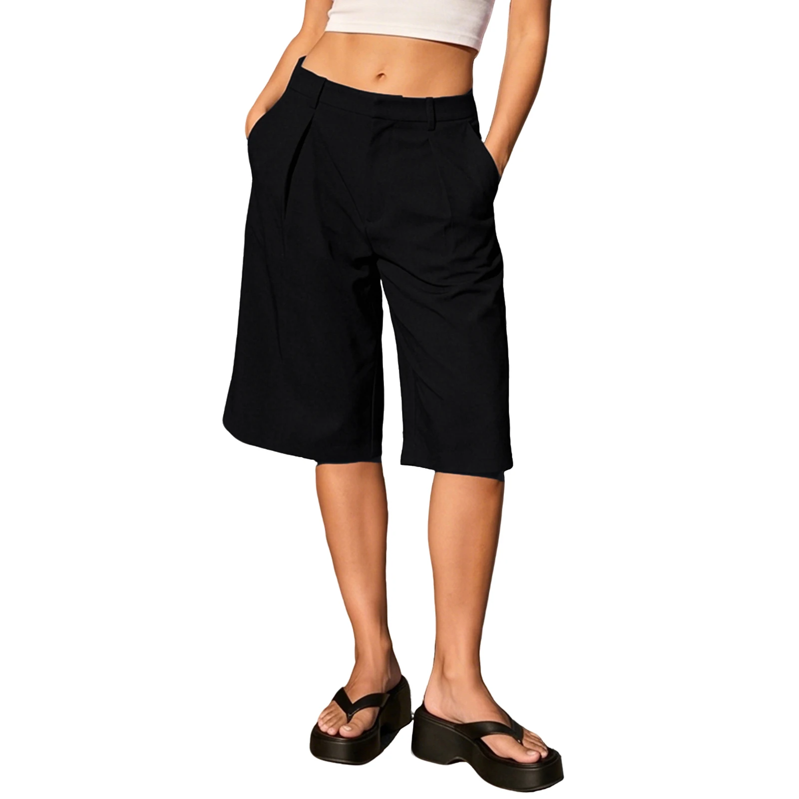 Women's Bermuda Shorts Summer Fashionable Casual Solid Color Knee Length Shorts with Pockets