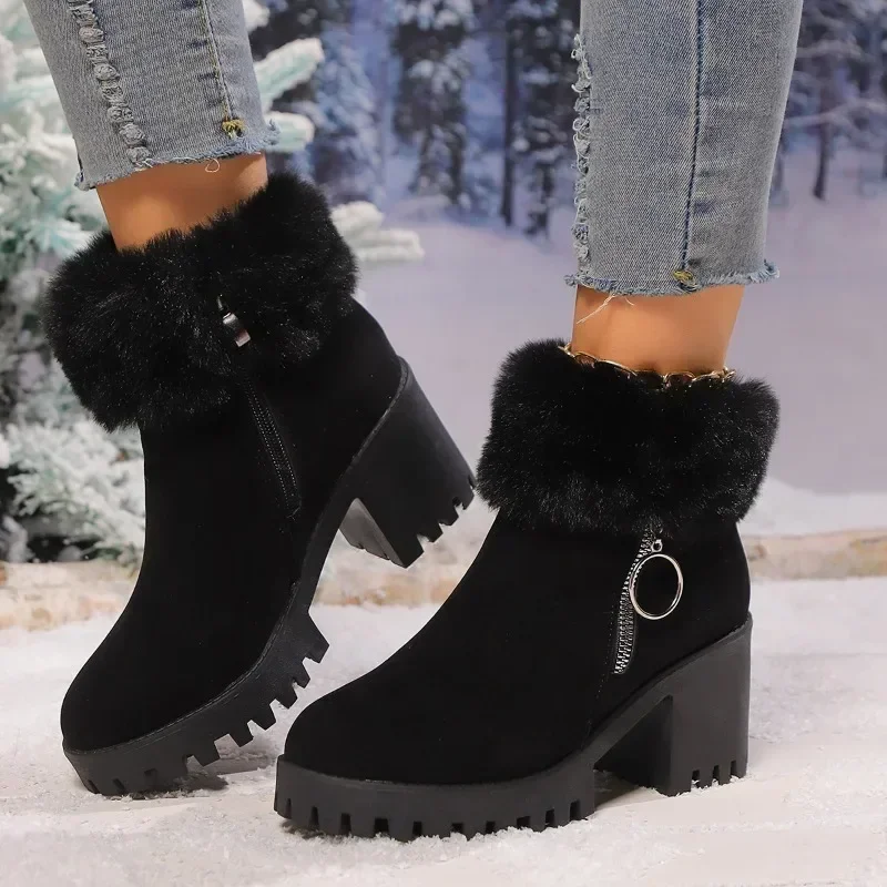 Shoes for Women 2024 Plush Warm Square Heel Women's Boots Fashion Turned-over Edge Casual Boots Women Winter Zipper Ankle Boots