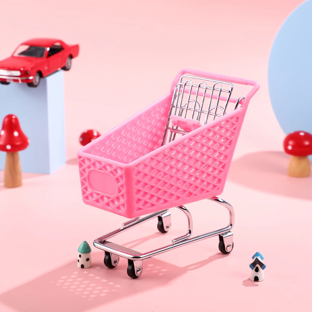 4-delig kinderwinkelwagentje roze plastic mini decoratieve trolley speelgoed boodschappenwagentjes kleine kinderen klein bureau metaal kind