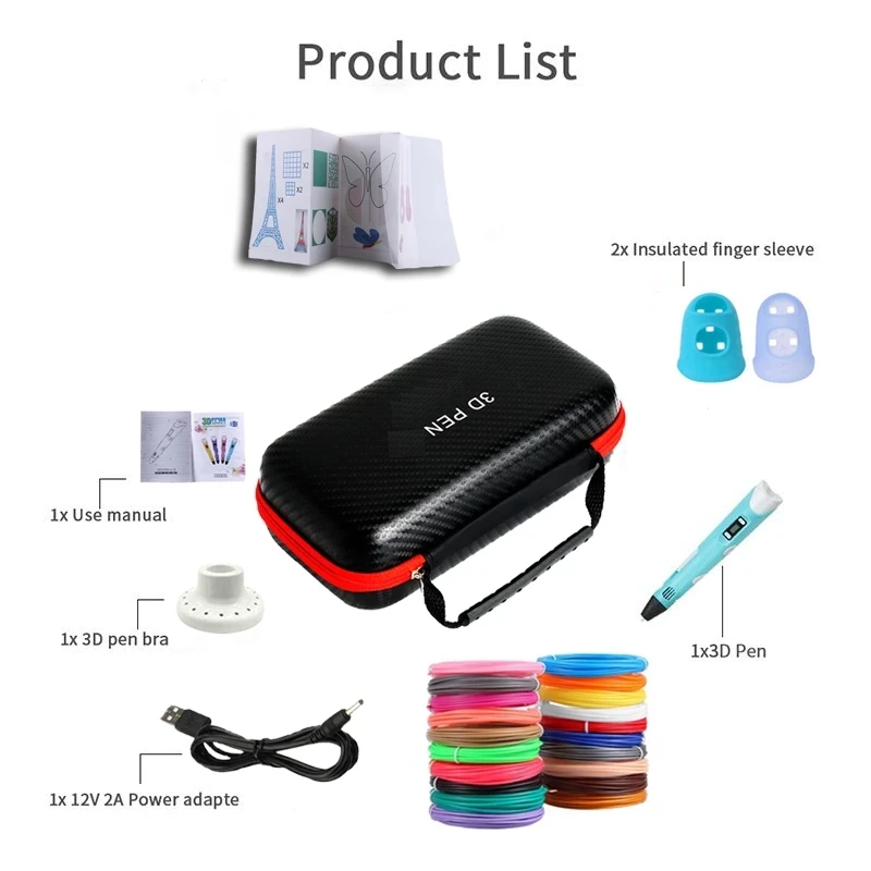 3D Printing Pen With Powered Travel Case & 100M PLA Filament DIY Paiting Children Design Pen Abulm Kids Toys Christmas Gifts