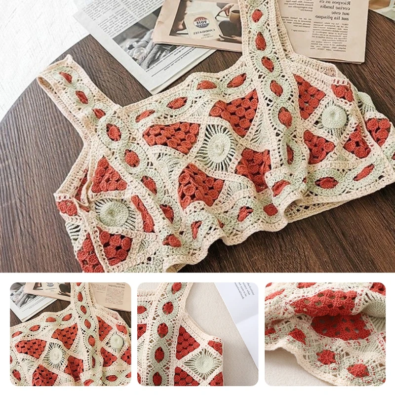 Frauen Sommer Böhmischen Strick Crop für Top Aushöhlen Häkeln Geometrische Muster Leibchen Vintage Ärmellose Strand