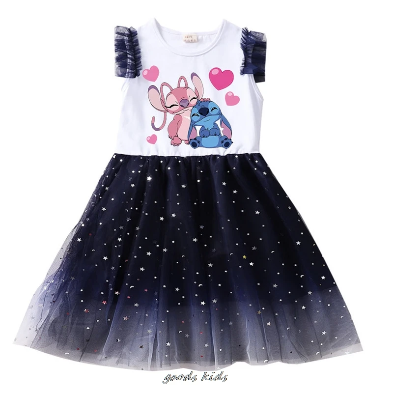 Lovely 2-9Y Lilo And Stitch Baby Girl Summer Party Dress Bag Kids Sleeveless TShirt Sequin Children Dresses Toddler Girl Outfits