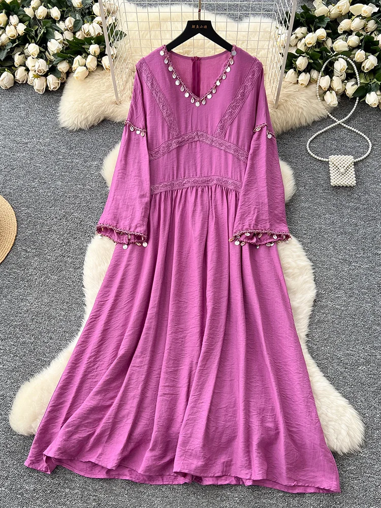 Dames zomerjurk vintage etnische stijl kant patchwork uitlopende mouwen losse afslanken casual effen kleur lange vestidos DS163