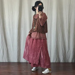 Autumn Literature Causal Skirts Women Harajuku High Waist Elastic Gothic Japanese Style Ramie Double Layer Medieval Swing Skirt