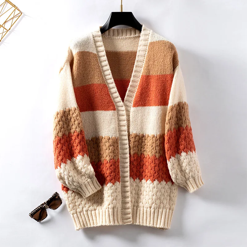 Women's cardigan sweater Contrasting stripes Spring/ autumn/winter loose casual jacket knitted long sleeved top basic