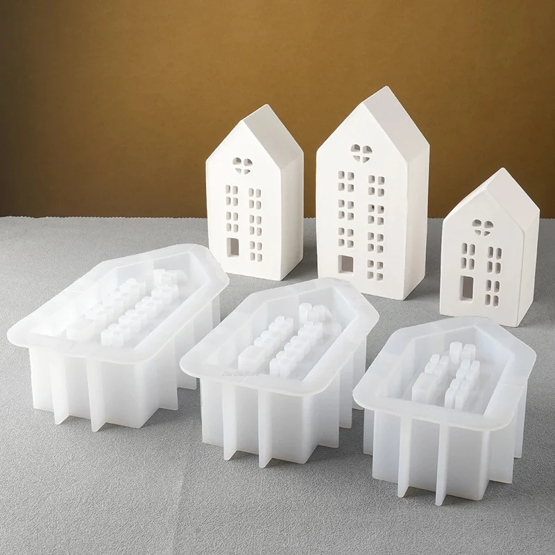 House Candle Holder Silicone Mold DIY Handmade Window Houses Plaster Concrete Resin Candlestick Craft Casting Molds