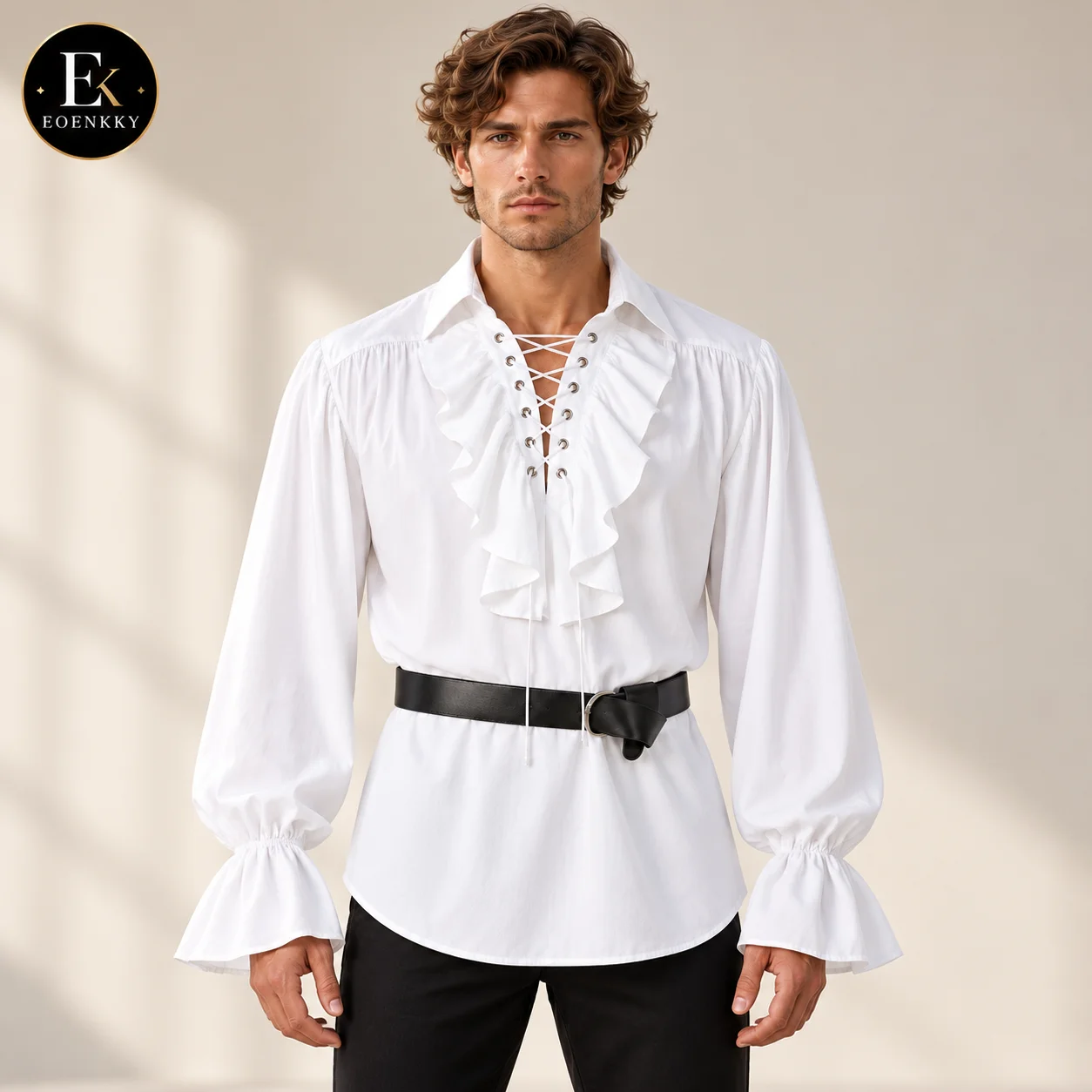 男性用、ルネサンス風海賊シャツ、中世風、ヴィクトリア朝風、フ - Medieval Gothic Lace Up Pirate Shirt のレビューと価格